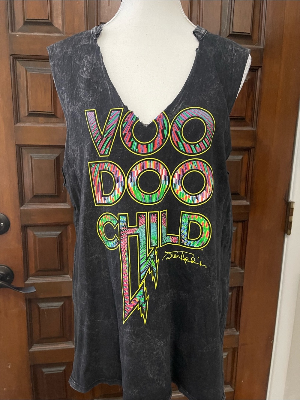 Jimi Hendrix Voodoo Child Women's Black Muscle Tee with Neon Graphic Size M